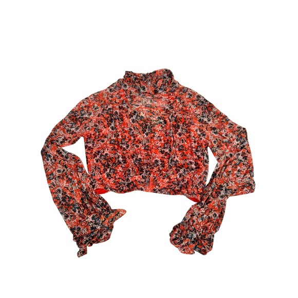 Free People Tops - Free People Mesh Floral Mock Neck Crop Top XS Sheer Ruched Sleeve